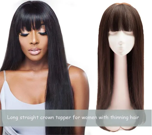 Vista 4 de Extensiones de pelo liso de 25.6 pulgadas con flequillo para mujeres negras, color negro, 4.59 oz