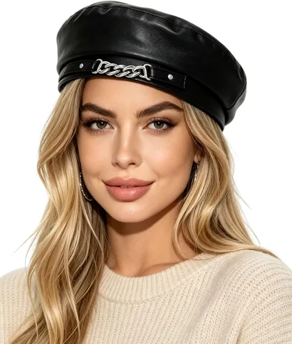 Vista 8 de MINGSEECESS Mujeres PU cuero francés negro boina sombrero Causal Beanie Hat Cinturón-marrón