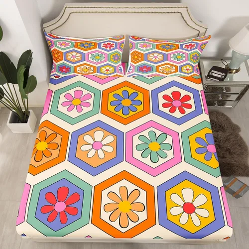 Vista 16 de Juego de sábanas ajustadas estilo 70s hippie retro para cama individual, juego vintage de otoño con hojas florales para niños y niños, juego de ropa