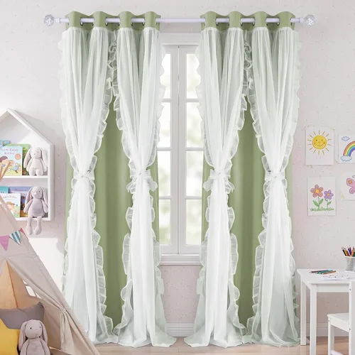 Vista 12 de PONY DANCE Cortinas con Volantes de Doble Capa con Superposición Transparente, Decoración Elegante para Ventanas de Diseño Rústico Francés de Campo