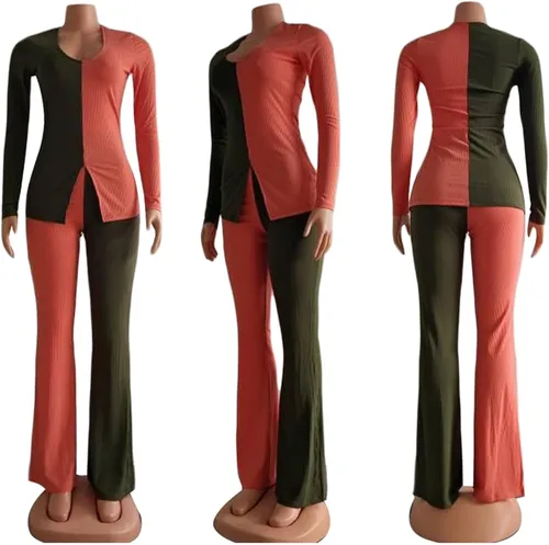 Vista 2 de kaimimei Conjunto deportivo sexy de 2 piezas con bloques de color para mujer, con dobladillo acanalado, abertura y pantalones acampanados, ropa