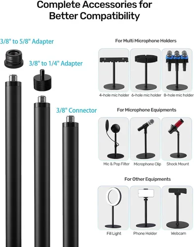 Vista 5 de Soporte de micrófono de escritorio, base pesada y amplia compatibilidad, soporte de micrófono de mesa de 3/8 pulgadas con adaptadores de tornillo