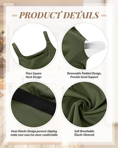 Vista 5 de 3 piezas de camiseta sin mangas para mujer, cuello cuadrado, camiseta sin mangas para fitness, informal, básica, para entrenamiento, yoga, brasier