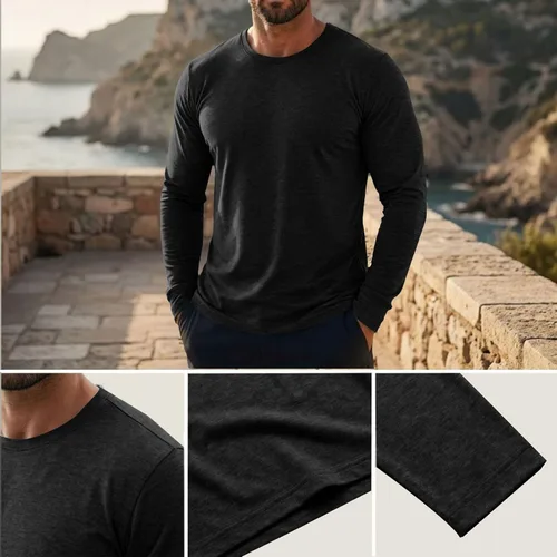 Vista 2 de Camiseta muscular para hombre, cuello redondo, manga larga, suave, elástica, básica, casual