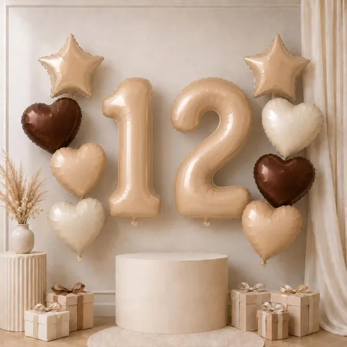 Vista 56 de Decoración de Globos Número 10 de 40 Pulgadas, Globos de Corazón Neutro de Papel de Aluminio Crema Retro Albaricoque Marrón con Globo de Helio