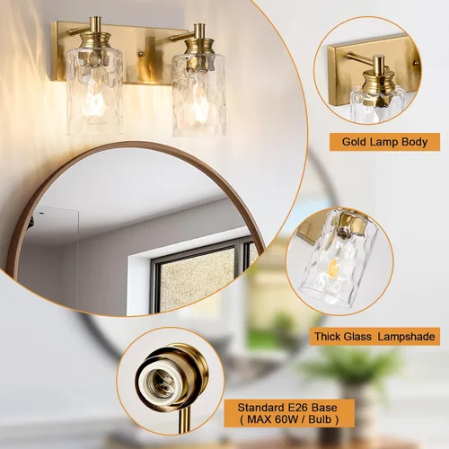 Vista 4 de Accesorios de lámpara de tocador de baño de 2 luces, moderna lámpara de baño dorada cepillada sobre espejo con pantalla de vidrio martillado