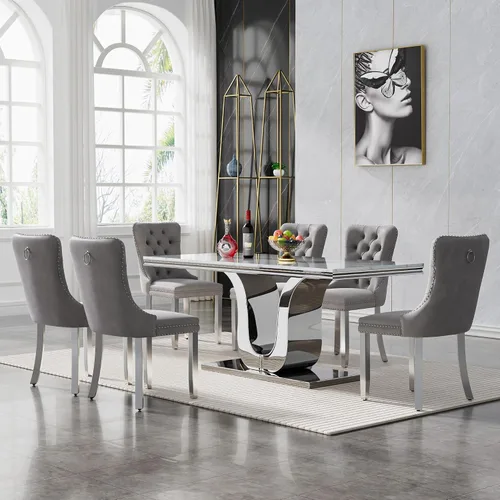 Vista 8 de SSLine Mesa de comedor moderna para mesa de cocina de mármol sintético de 6,70 pulgadas, mesa de comedor rectangular para muebles de cocina