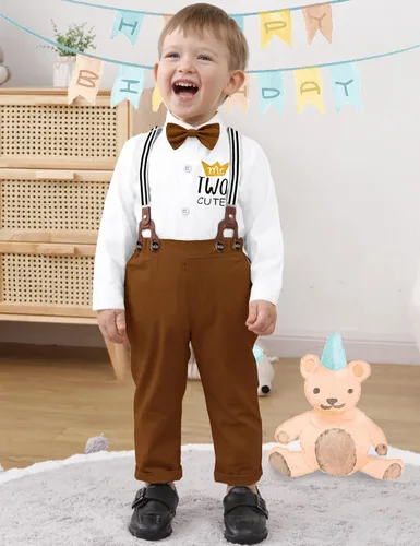 Vista 2 de AGAPENG Traje de primer cumpleaños para niño Mr Onederful First Gentleman Bowtie Mameluco con tirantes y sombrero de corona