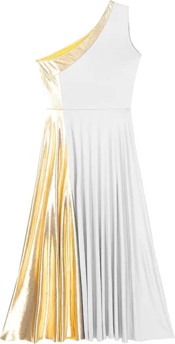 Vista 6 de Vestido de baile de alabanza lírico metálico de un hombro para mujer, sin mangas, ropa de baile litúrgica