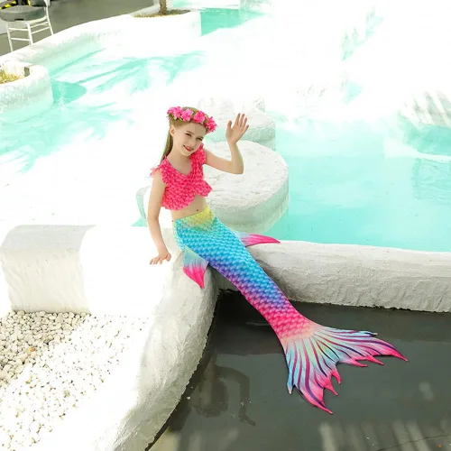 Vista 4 de Traje de baño de sirena para niñas con cola de sirena con guirnalda (sin monoaleta)