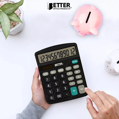 Vista 2 de Better Office Products Calculadoras de escritorio grandes, paquete de 5, pantalla LCD de 12 dígitos, panel de visualización en ángulo, función