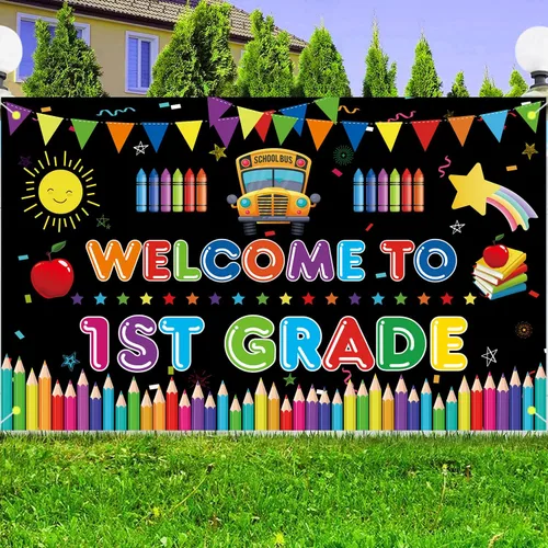Vista 2 de Cartel de bienvenida al primer grado, telón de fondo grande para decoración del primer día de escuela, bienvenido a la escuela, primer día de jardín