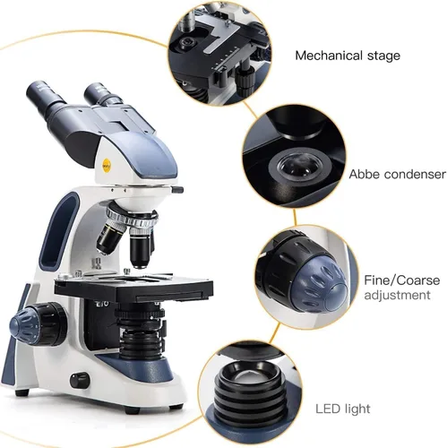 Vista 2 de SWIFT SW380B Microscopio compuesto binocular, 40X-2500X con cámara de 1.3 MP, 100 diapositivas de microscopio, kit de microscopio para estudiantes