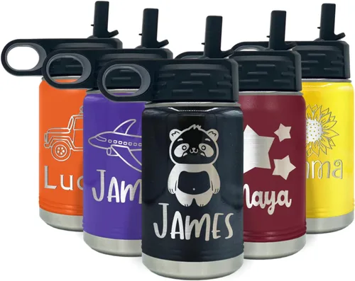 Vista 35 de Botella de agua para niños personalizada con nombre en botella de agua aislada con anillo verde mate de 12 onzas