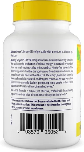Vista 3 de Healthy Origins® CoQ10 600 mg - Ubiquinona trans-isómera natural - Fermentado con levadura, apoya la salud del corazón y la energía celular - 30