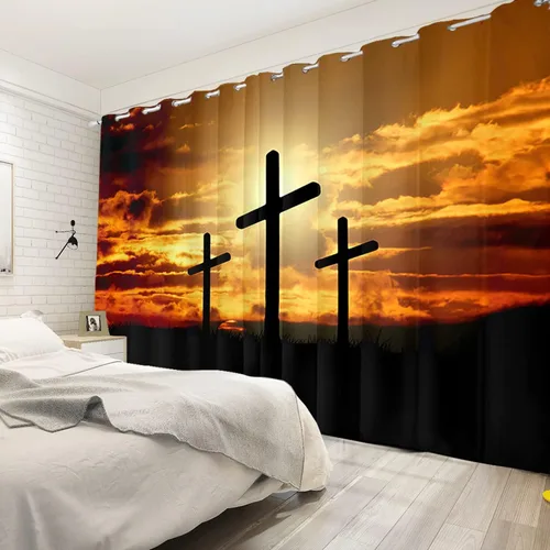 Vista 3 de Cortinas opacas con cruz de Jesús para ventana, puesta de sol, montaña, estilo cristianismo, juego de 2 paneles para sala de estar, dormitorio