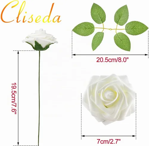 Vista 6 de Cliselda - 100 rosas artificiales de espuma falsa color blanco marfil con tallos