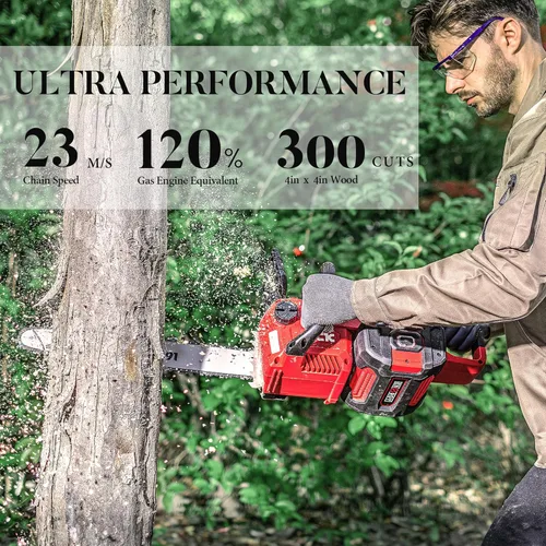 Vista 3 de DCK Motosierra inalámbrica de 58 V, motosierra eléctrica sin escobillas, motosierra alimentada por batería de 16 pulgadas con batería de 4.0 Ah