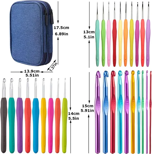 Vista 2 de Juego de 100 ganchos de ganchillo en estuche con mango ergonómico de agarre suave, hilo para tejer, agujas de tejer, kit de accesorios para agujas