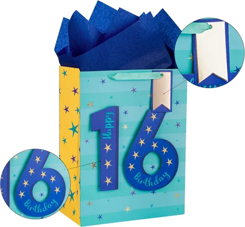 Vista 7 de Loveinside Bolsa de regalo azul de cumpleaños con papel de seda, etiqueta de regalo y tarjeta de felicitación para niños, adolescentes, fiestas