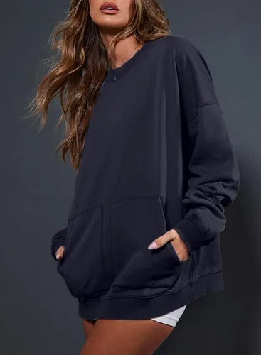 Vista 4 de SHEWIN Sudaderas para mujer, cuello redondo, color sólido, a la moda, cálidas, de gran tamaño, ligeras, sin botones