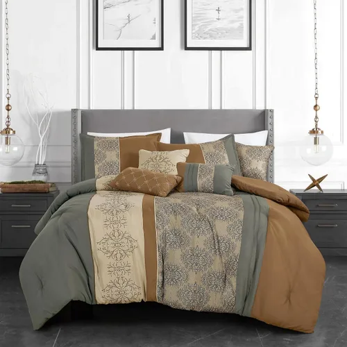 Vista 17 de ESCA Juego de edredón Hypatia beige de 7 piezas, tamaño Queen, bordado, estilo bohemio, ropa de cama floral