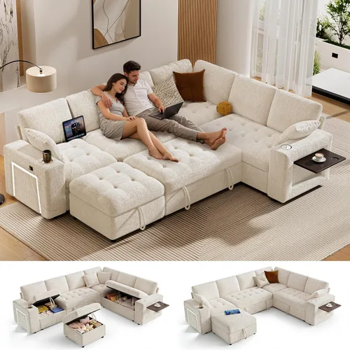 Vista 25 de Vipbear Sofá cama modular de 111 pulgadas con cama extraíble, sofá en forma de L de felpilla de 7 asientos con diván de almacenamiento, puertos USB