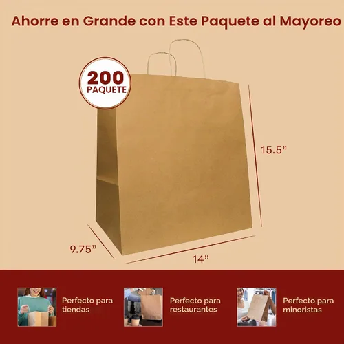 Vista 6 de PTP BAGS Bolsas de papel marrón Super Royal, 14 x 10 x 15.75 pulgadas Natural