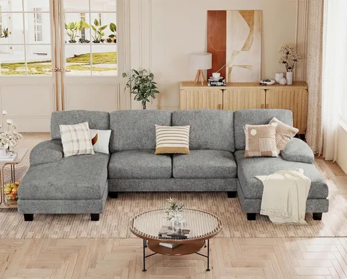 Vista 9 de JUMMICO Sofás Seccionales para Sala de Estar, Sofá en Forma de U con Tela de Chenilla, Sofá Moderno de 4 Asientos con Almohadas Removibles para Gris