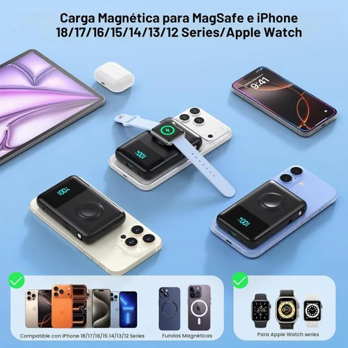 Vista 6 de Cargador portátil magnético para el iPhone, 10800mAh Power Bank Cables Negro