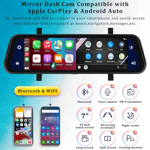 Vista 2 de Cámara de espejo retrovisor con Carplay y Android Auto, 9.66 pulgadas 1080P espejo Dash Cam frontal y trasera con control de voz