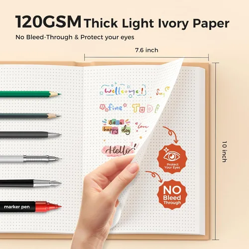 Vista 4 de Cuadernos Grandes B5 de Cuadrícula de Puntos, Cuaderno de Bocetos de Tapa Dura Kraft, Cuadernos de Composición por Materias con Papel de Cuadrícula
