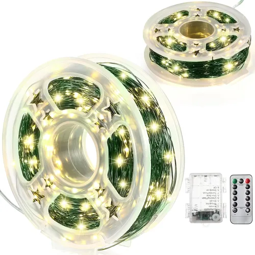 Vista 11 de Remagr 4 paquetes de luces de hadas navideñas de cadena, luces LED de alambre verde impermeables, funciona con pilas, con control remoto, 8 modos
