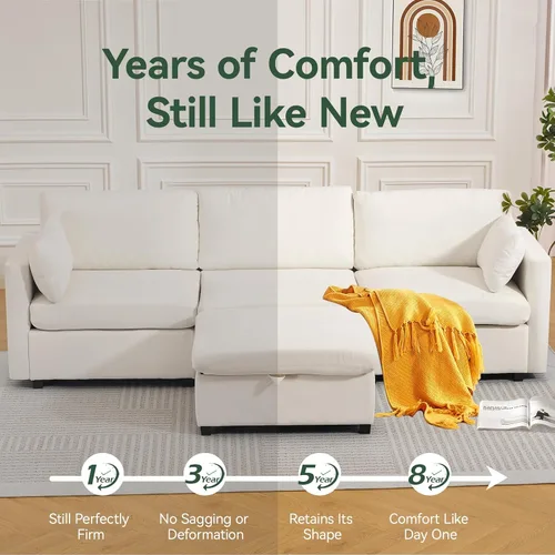 Vista 8 de Sofá modular de 109 pulgadas, sofá en forma de L con otomana de almacenamiento, cómodo sofá nube con asiento profundo, sofás seccionales Beige