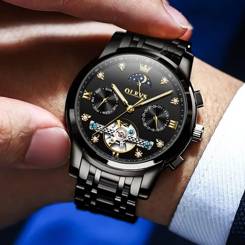 Vista 4 de OLEVS Men Automatic Watch Skeleton Moon Phase Dial Luxury Dress Stainless Steel Strap 5 Hands Diamond Men Wrist Watches