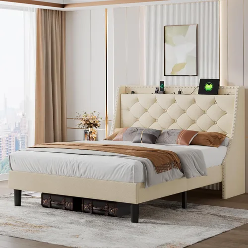 Vista 8 de iPormis Marco de cama matrimonial con respaldo cómodo de 16 pulgadas y estación de carga, cama plataforma tapizada con cabecera de almacenamiento