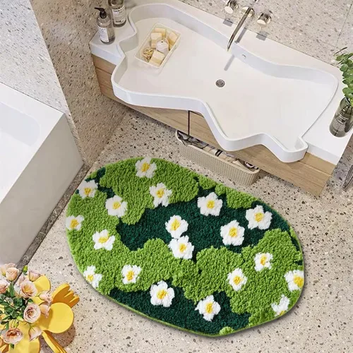 Vista 10 de Bonita Alfombra de Baño Verde Floral Hierba Primavera Flor Margarita Alfombras de Baño Antideslizantes Lavables a Máquina Súper Absorbentes
