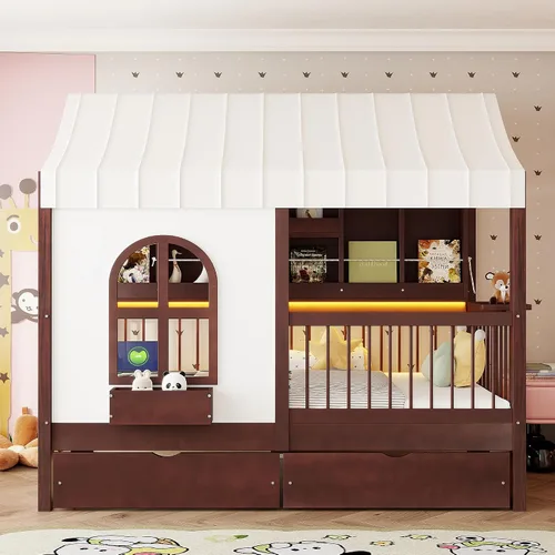 Vista 3 de Cama de casa con tienda y estantería, 2 cajones, carga USB Espresso-tt