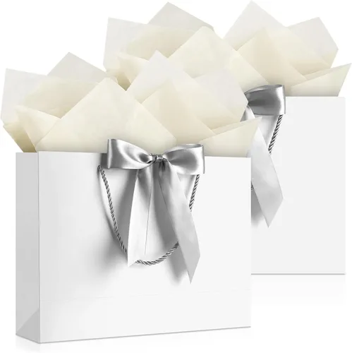 Vista 25 de JMANNI 12 bolsas de regalo de papel de boda con asa, bolsas medianas de regalo de agradecimiento de 13 pulgadas con lazo de cinta, regalos