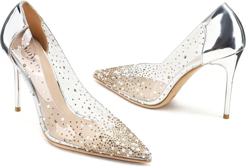 Vista 2 de Naiyee Tacón de aguja alto para mujer, zapatos de tacón de aguja de PVC, diamantes de imitación de cristal de 3.937in, tacones transparentes