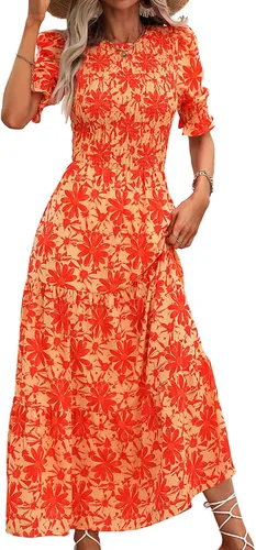 Vista 128 de BTFBM Vestidos para mujer, cuello redondo, casual, de verano, con volantes, manga corta, bohemio, con niveles, fruncido, largo, con estampado floral
