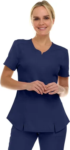 Vista 7 de MediChic Scrubs Top Quirúrgico para Mujer con Cuello en V con Muesca Elástico de Moda con Dos Bolsillos, Tela Flex de Fácil Cuidado Blanco