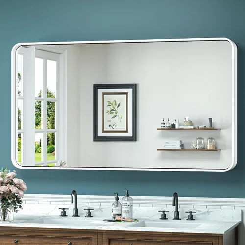 Vista 15 de TokeShimi Espejo de pared de baño de níquel cepillado de 20 x 30 pulgadas, marco de metal, esquina redonda, rectangular, para decoración del hogar