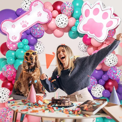 Vista 5 de Kit de arco de guirnalda de 147 piezas de globos con diseño de pata con globos con estampado de pata de perro rosa, morado, turquesa, globos