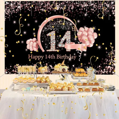 Vista 4 de Cartel de tela para decoración de cumpleaños número 14 para niñas de 14 años, cartel de tela para fiesta de cumpleaños de niña, fondo fotográfico