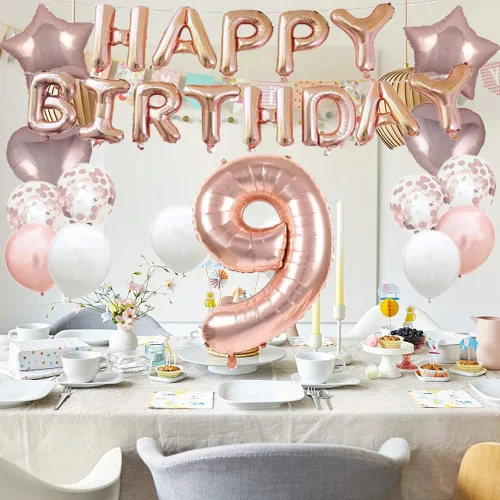 Vista 4 de GLZLMM Globo de 9º cumpleaños, decoraciones de 9º cumpleaños, globos de oro rosa con el número 9, suministros para fiesta de cumpleaños número 9