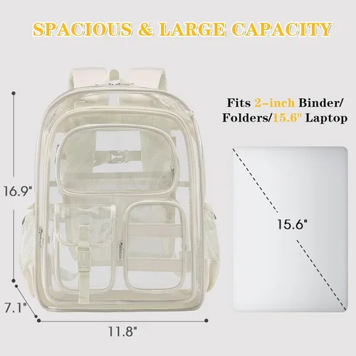 Vista 6 de Mochila transparente de tres capas, bolsa transparente resistente para niños, mochila transparente para niñas y niños (beige)