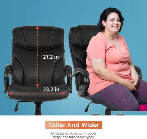 Vista 6 de Silla de oficina grande y alta, asiento ancho de 500 libras, silla de escritorio con brazos de apoyo lumbar, respaldo alto, piel sintética, silla