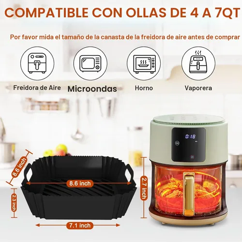 Vista 2 de Paquete de 2 forros de silicona reutilizables para freidora de aire de 7.1 pulgadas, forros cuadrados para freidora de aire de 4 a 7 cuartos de Negro
