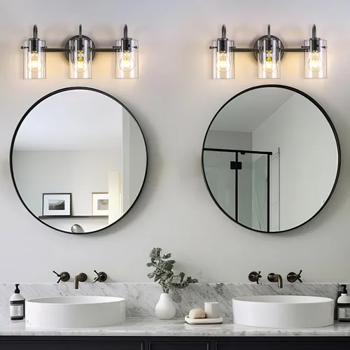 Vista 6 de 3 luces de tocador, lámparas de pared de baño negro mate sobre el espejo, aplique de pared moderno con pantalla de vidrio transparente, lámpara